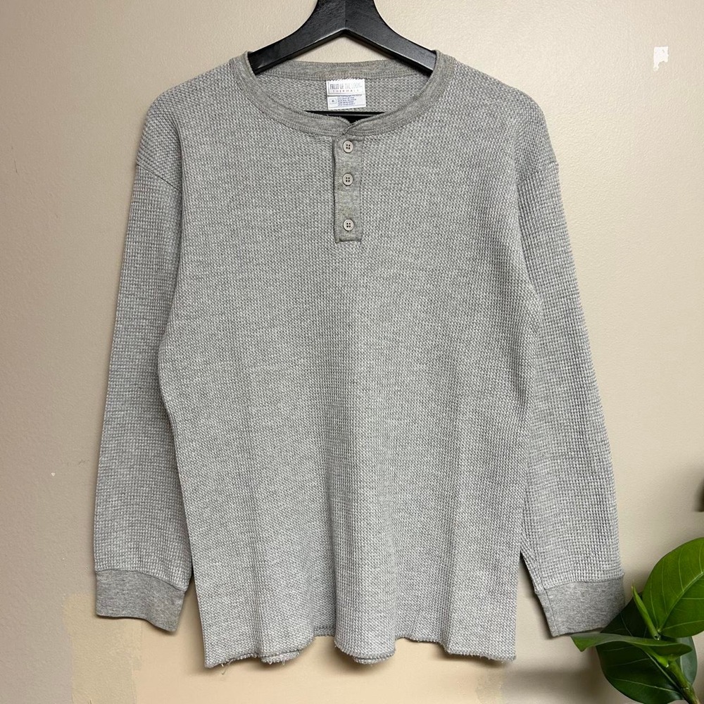 Vintage Fruit of the Loom Grey Waffle Knit Henley Thermal Shirt Mens L 90s